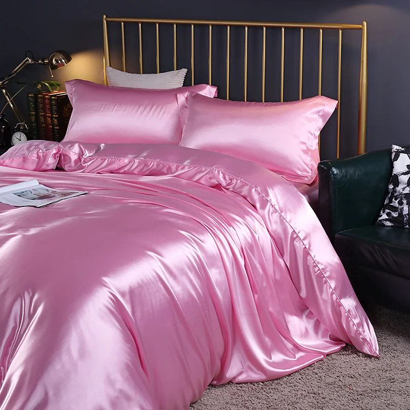 Mulberry Silk luxury Bedding Set with fitted sheet High-end 100% Silk Satin Bedding Sets soft smooth Solid Color quilts Cover