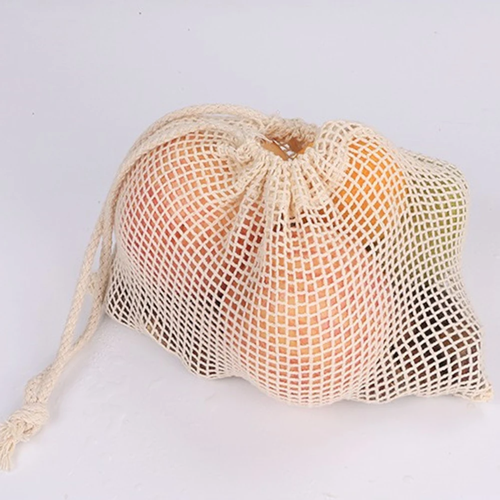 New 2Pcs Reusable Cotton Mesh Drawstring Washable Fruit Vegetable Storage Bag Pouch