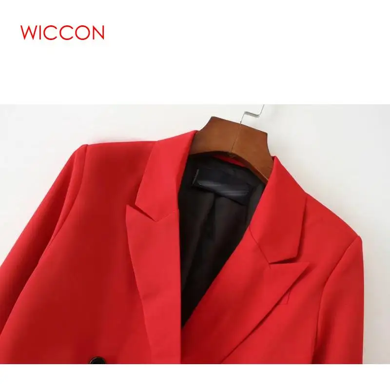 WICCON Новое поступление осенние женские блейзеры красные однотонные двубортные пуговицы Зубчатый воротник OL элегантные офисные костюмы Верхняя одежда