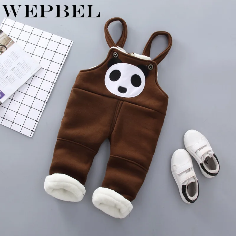 WEPBEL Winter Children Pants New Cotton Denim Pants Girls Cartoon Thicken Jeans Bib Pants Kids Children Baby Warm Trousers