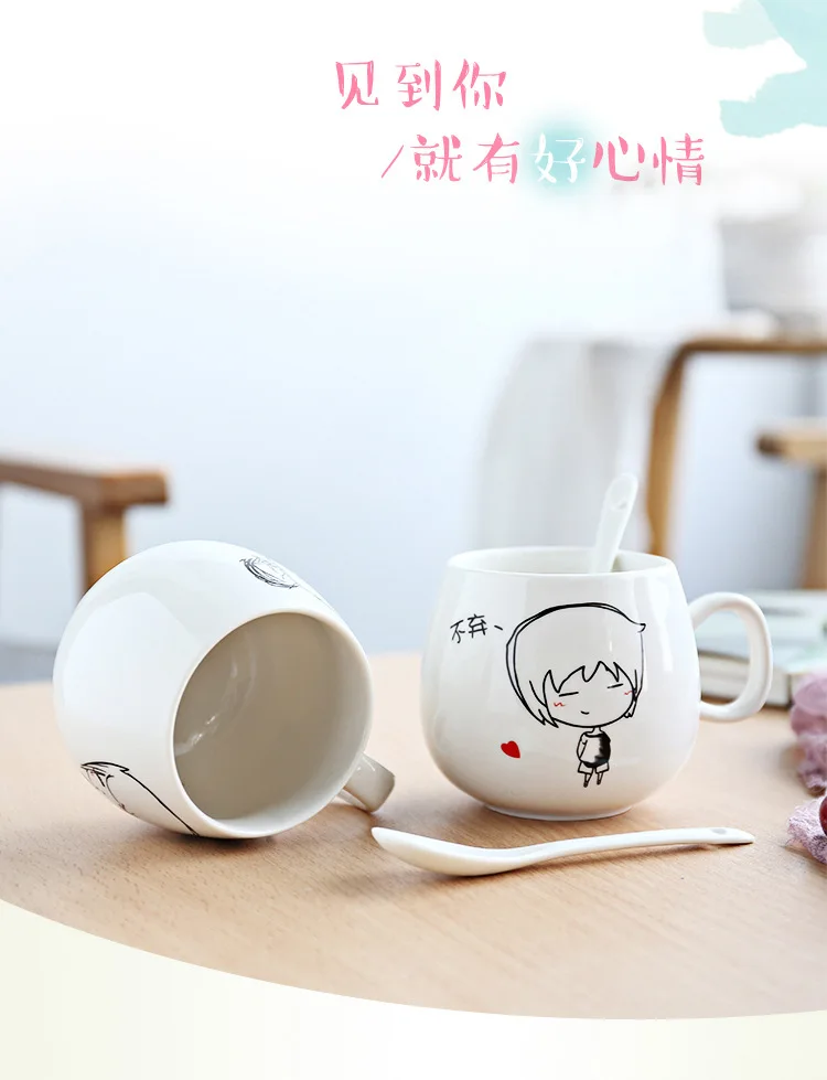 

2 pcs Couple Cups Pair of Creative Cartoons Cute Ceramic Cups Covers Spoons Mug Coffee Cups Milk Cups