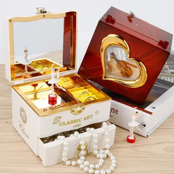 

New Rotating Dancers Ballerina Piano Music Box Clockwork Plastic Jewelry Box Girls Hand Crank Music Mechanism Christmas Gift