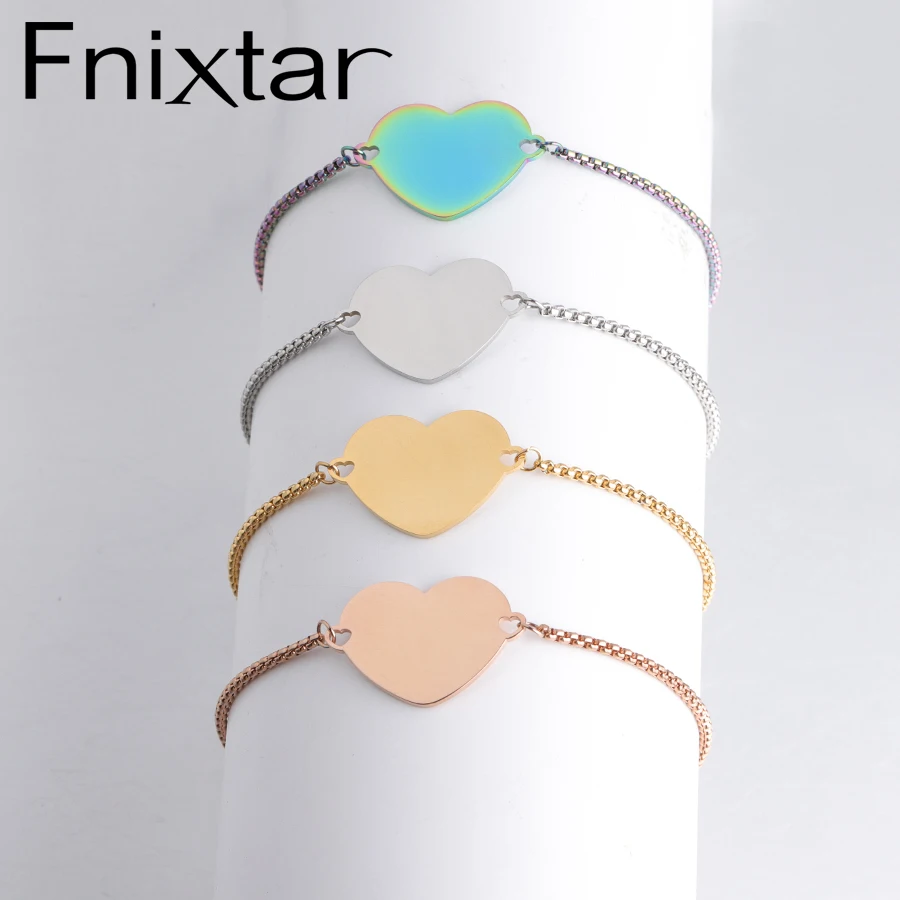 

Fnixtar Stainless Steel Mirror Polished Sweet Heart Charm Bracelet Adjustable Box Chain Bracelets Love Heart Jewelry 50pcs/lot