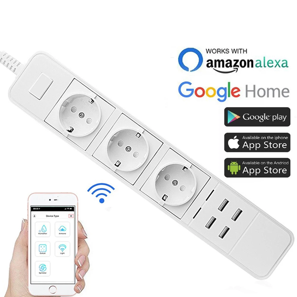 

UK/EU Wifi Smart Power Strip 3 Outlets with 4 USB Charging Ports Smart Plug Timing App Voice Control With Alexa Google Home D30