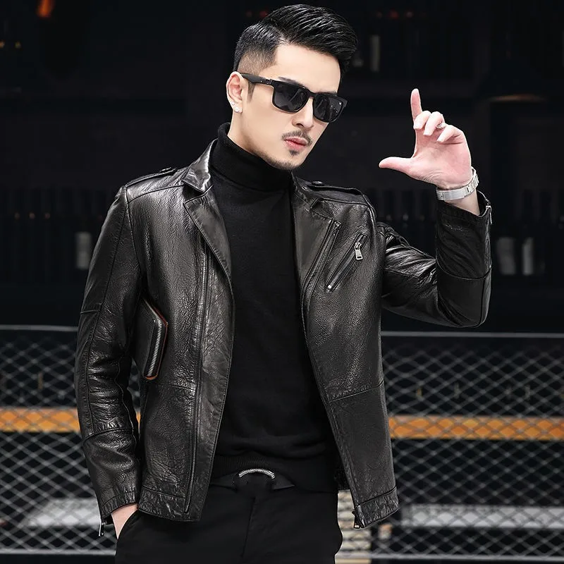 petite genuine leather coats & jackets Spring Autumn Thin Mens Genuine Leather Jackets Male Turn-Down Collar Biker Coat Slim Zippers Sheepskin Casual Outerwear leather sheepskin jacket