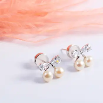 

925 Sterling Silver Wedding Bridal Jewelry Bowknot Earrings Freshwater Pearl CZ Post Stud Earrings For Women Christmas Gifts