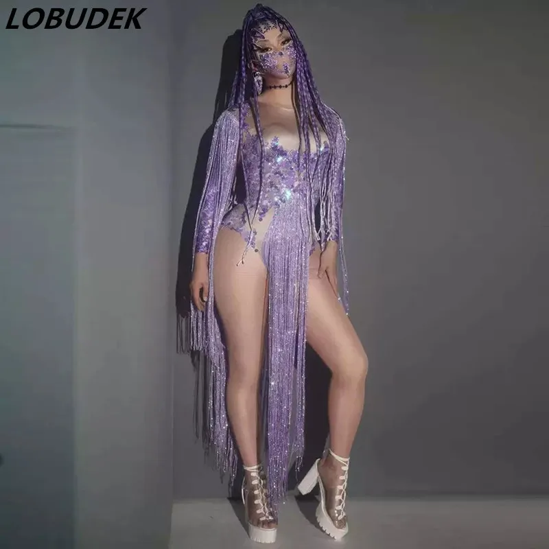 

Nightclub DJ Singer Sexy Performance Stage Wear Purple Sequins Tassel Bodysuit Women Dancer Fringe Tight Leotard Dance Costume