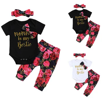 

CYSINCOS Infant Baby Girl Mommy is My Bestie Letter Print Romper+Floral Pants+Headband 3PC Set Outfit Children Flower Clothes