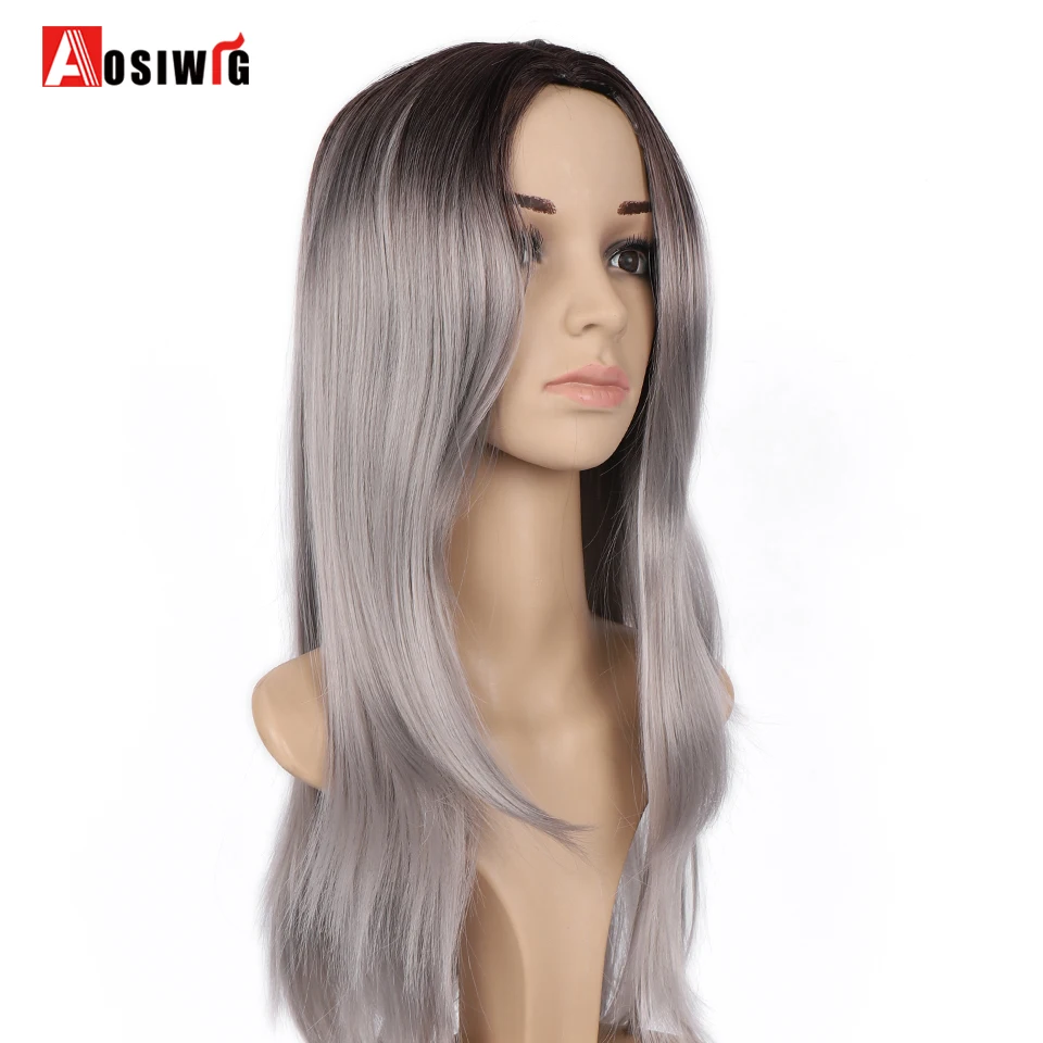 AOSIWIG Омбре серый средняя часть прямые Длинные Синтетические парики для женщин черный серый 22 дюйма Косплей парики для вечеринок