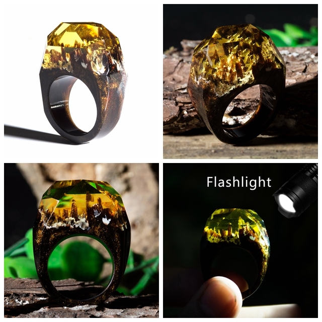 Fashion Wood Resin Ring Female Forest Handmade Rainbow Star Secret Sky Micro Landscape Wooden Ring High Quality Jewelry