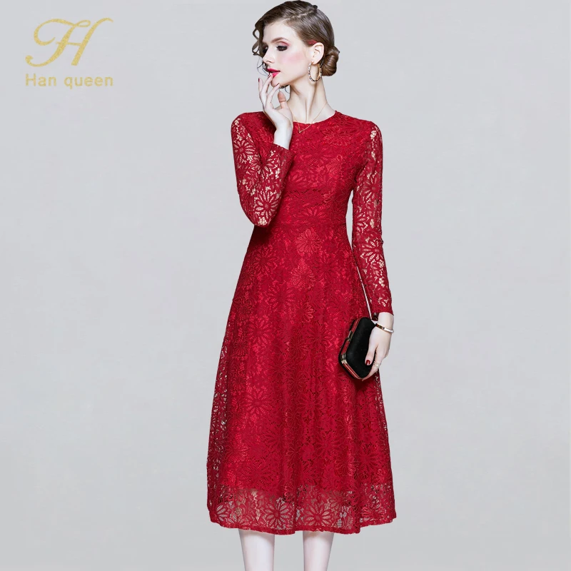 H Han queen, женское кружевное платье с длинным рукавом, Осень-зима, винтажные тонкие красные/Черные Вечерние Повседневные платья с открытой спиной, vestidos