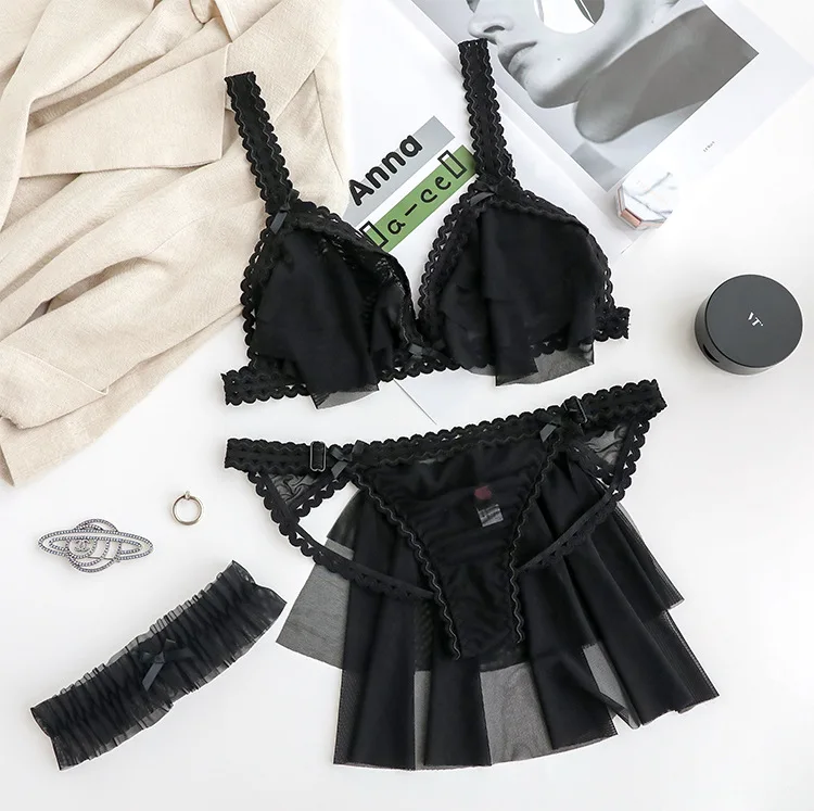 

Underwear Set Women Mesh Lace Temptation Milk Fun Triangle Cup Underwear Female Sense Black Bra and Panty Set See Through Bra