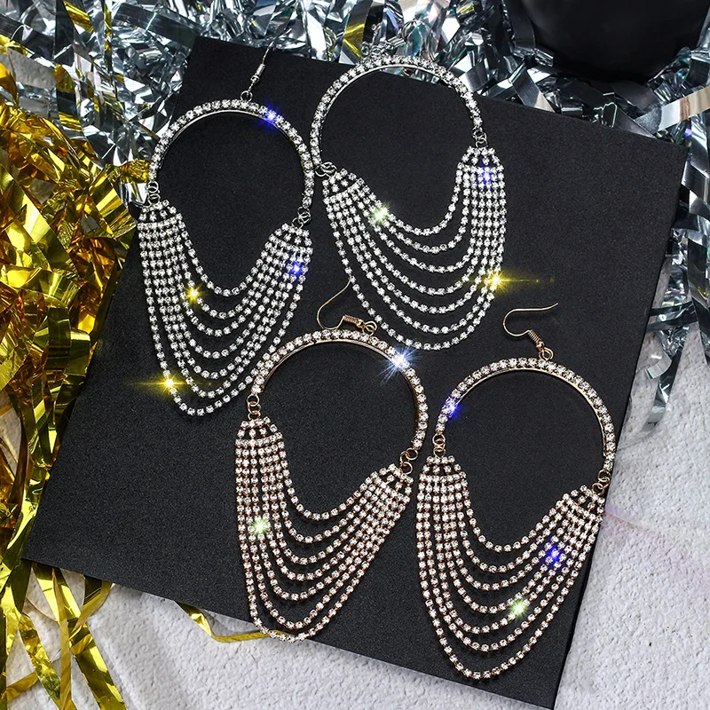 

FYUAN European Long Tassel Crystal Drop Earrings for Women Exaggeration Gold Silver Color Rhinestone Earrings Bar Party Jewelry