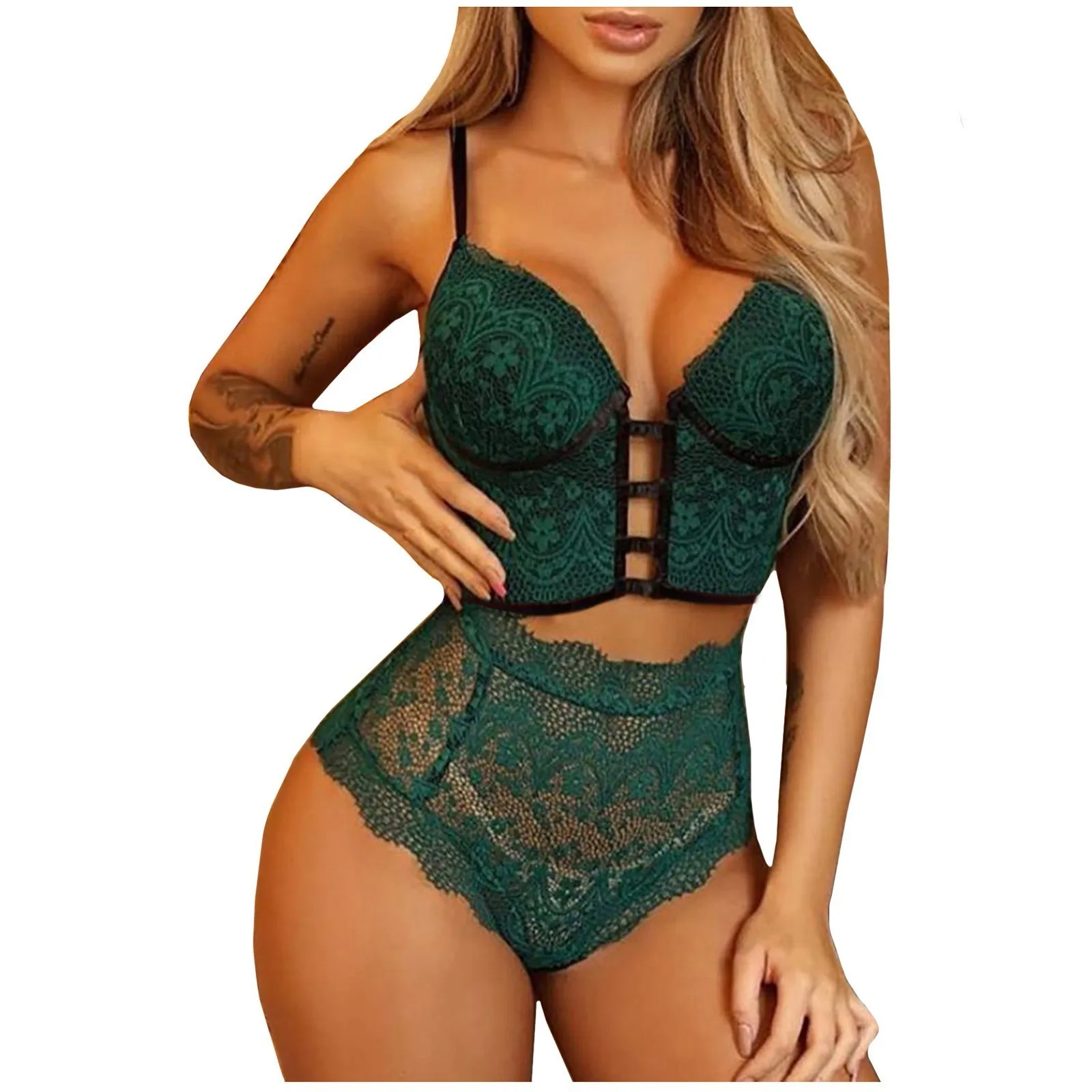 Deep V Sexy Underwear Ultrathin Bra Set Plus Size Brassiere Green Women Lingerie Set Lace Embroidery Transparent Bra Panties womens lingerie sets Bra & Brief Sets