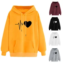Женская Осенняя толстовка женская с длинным рукавом с капюшоном спортивная одежда в стиле кэжуал пуловер Топы с принтом сердца толстовки спортивный костюм Топ