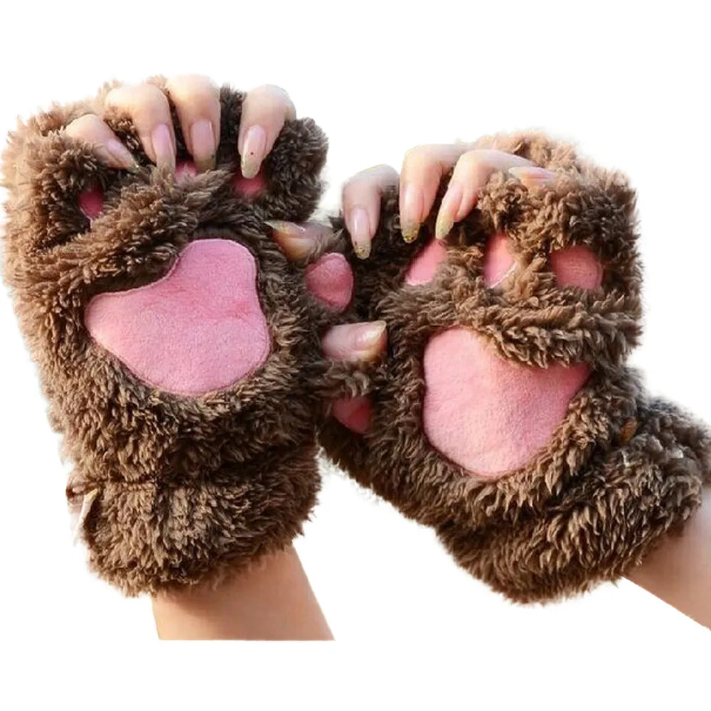 Перчатки с кошачьими когтями, женские плюшевые варежки, теплые мягкие плюшевые короткие перчатки без пальцев, пушистые перчатки с медвежонком, кошачьи перчатки, костюм с полупальцами, черный и бежевый цвета