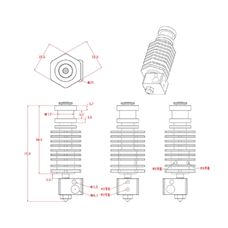 Для XCR-BP6 улучшенный 3D V6 шестигранный Hotend комплект 0,4 мм/1,75 мм прямой D08B