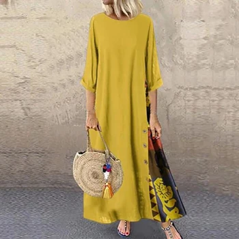 

Puimentiua Women Vintage Floral Printed 3/4 Sleeve Dresses Spring O Neck Pacthwork Sundress Casual Retro Party Vestido Robe