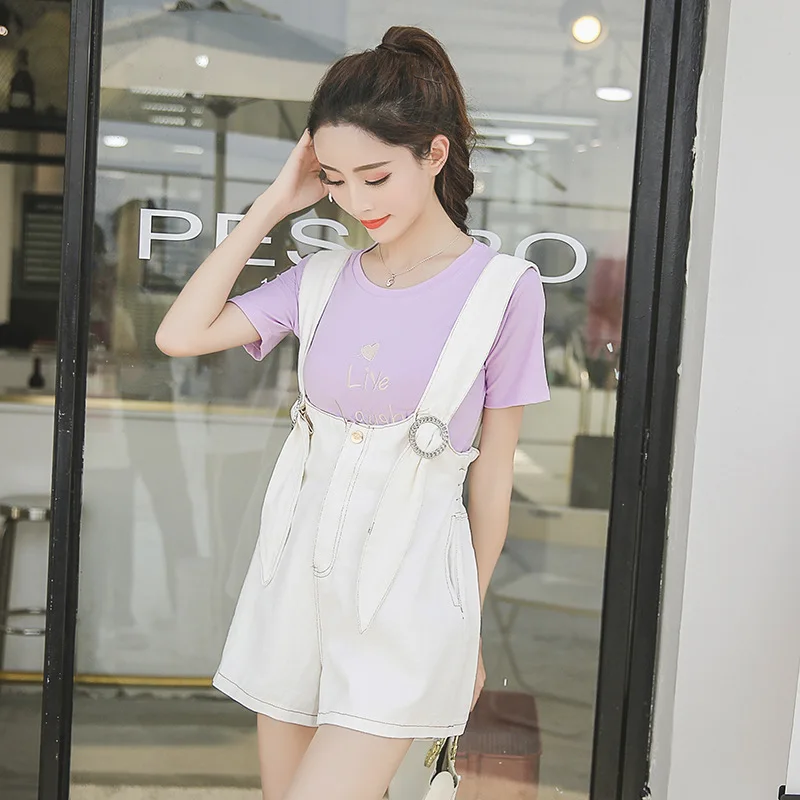 

Korean-style Short Sleeve T-shirt + High-waisted Students Suspender Pants Hipster Two-Piece Women's Summer Influx