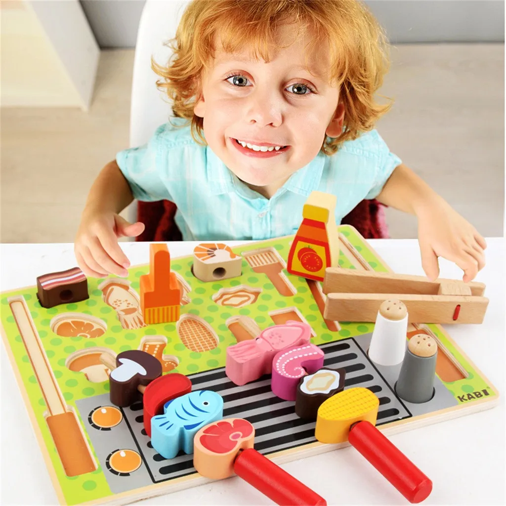 HIINST Kids Wooden Toy Set Pretend Play Barbecue Cooking Playset