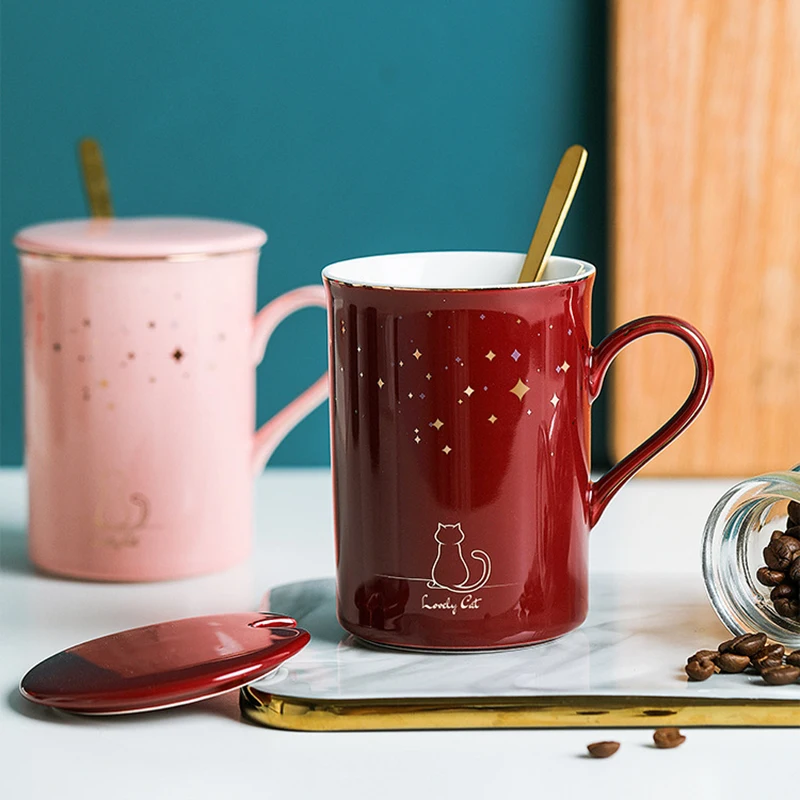 Кошка звездное небо керамическая кружка с ложкой крышкой, винтажная фарфоровая кружка, цветочный чайный сервиз кофейная чашка, водная посуда для напитков молока кофе подарок