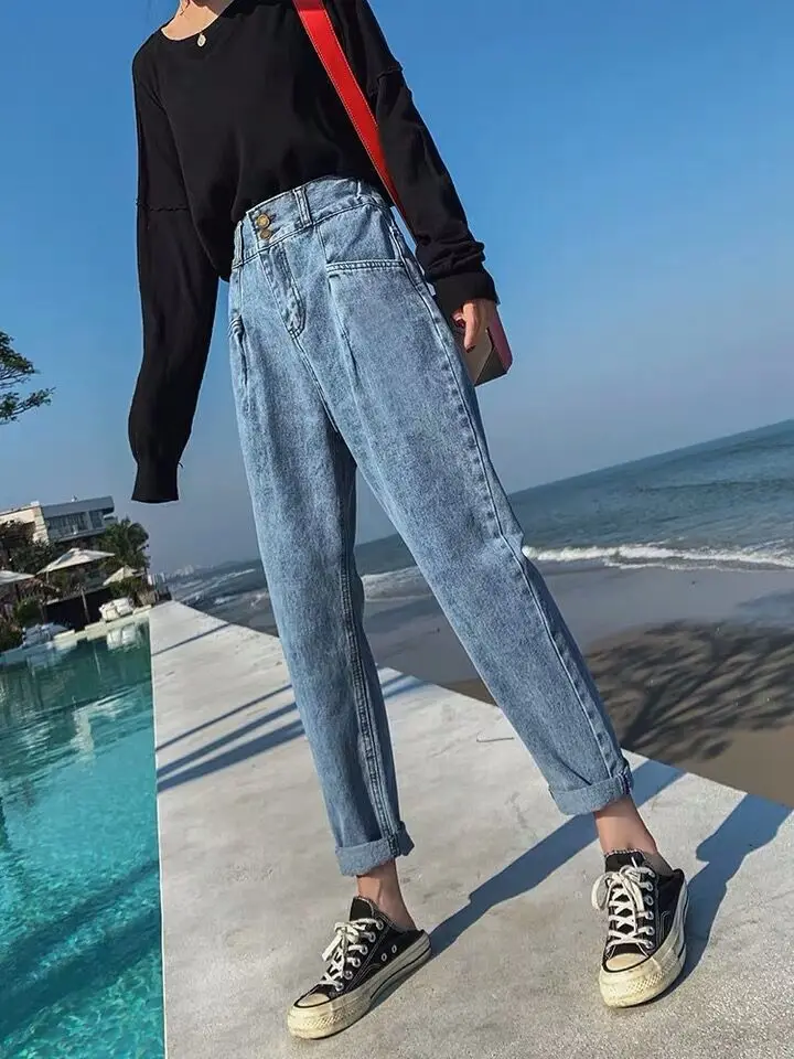 plus size women vintage skinny ladies high waisted jeans mujer spring autumn femme wide leg denim pants female A5728