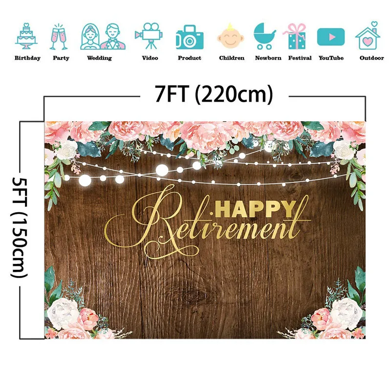 NeoBack Wood Happy Retirement Photography Backdrops Pink Watercolor Flower String Background for Photo Retirement Party Backdrop