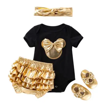 

new design black and white color minnie print baby girls shinny gold ruffle bloomer shoes headband 4pcs/set outfit