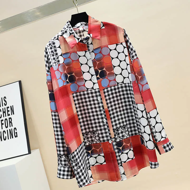 Blouse Woman 2020 Spring New Loose Big Yards Polka Dot Plaid Patched-Color Printed Chiffon Shirt Blouses Blusas Ladies Tops - 4.00068E+12