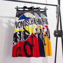 Женские юбки юбка в складку с принтом высокая эластичность мультфильм печати миди плиссированная юбка Jupe женские весенне-Летние Осенние юбки