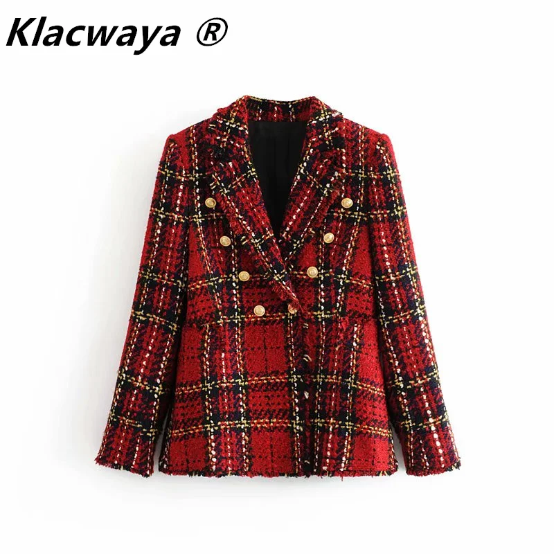 Tweed women red plaid blazers 2021winter fashion women vintage jackets female patchwork blazer coats girls chic outfit clothes