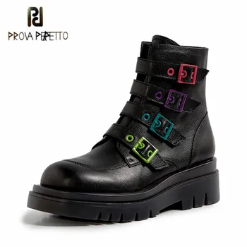 

Prova Perfetto Fashion Temperament Boots Women Thick Bottom Colour Mixture Genuine Leather Zipper-Sid Belt Buckle Ankle Botas