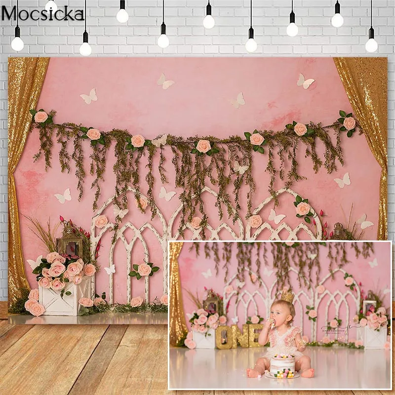 

Mocsicka Spring Pink Flower Cake Smash Photography Backdrops Girl 1st Birthday Photo Props Studio Booth Background