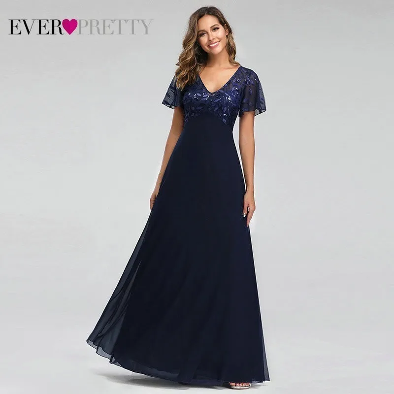 Вечерние платья Длинные Ever Pretty EZ07706 изящный, темно-синий А-силуэт короткий рукав шифон Кружева Вышивка Вечерние платья для свадьбы