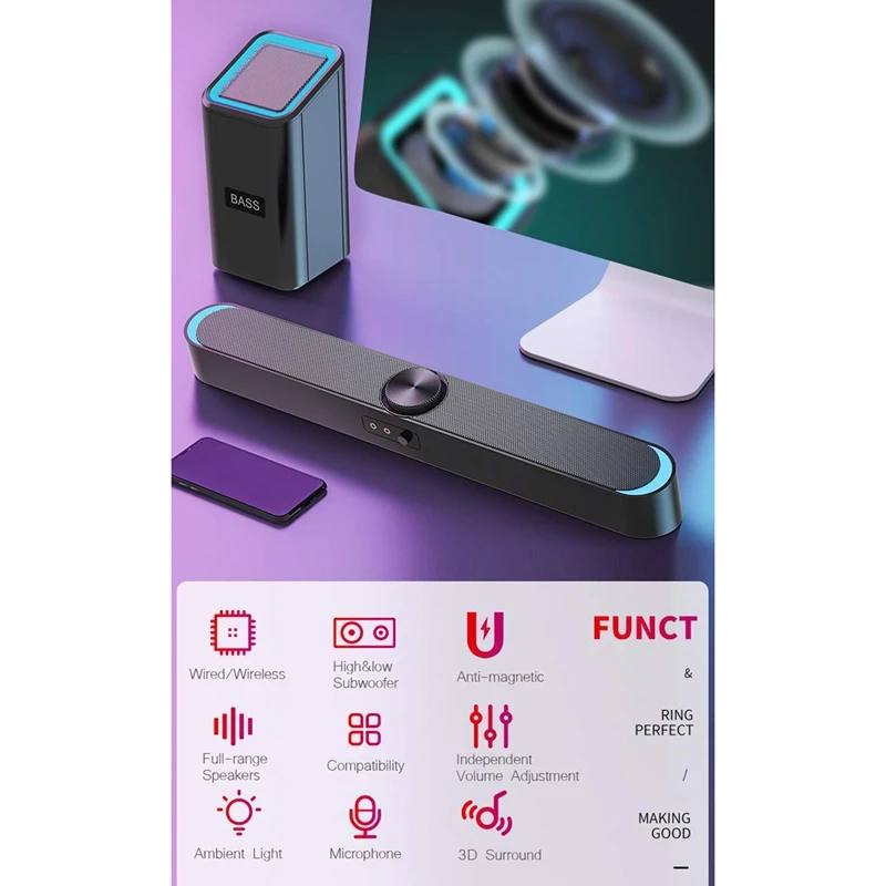 D 238 Bluetooth Звуковая Панель беспроводной динамик Бас Сабвуфер 4D ручка &quotстерео&quot