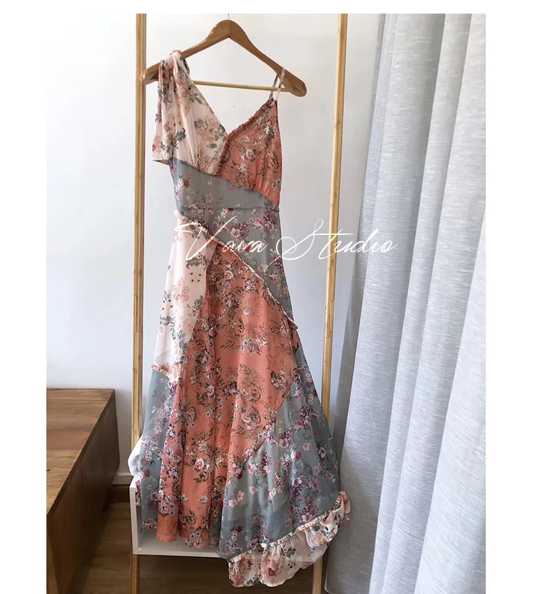 Summer Holiday Bohemian Beach Dress Women Elegant One Shoulder Floral Printed Chiffon Long Irregular Dress
