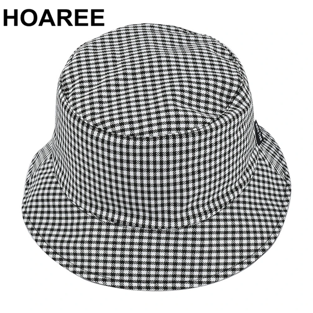 

HOAREE Black White Plaid Japanese Harajuku Bucket Hat Reversible Double-sided Fisherman Hat High Qulaity Brand 2020 Sun Hat