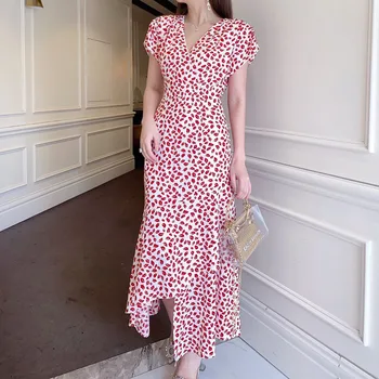 

Runway Bohemian Retro Print Flower V-Neck Elegant Temperament Slim Belt Irregular Mid-Length Dress Womenswear New High Quality