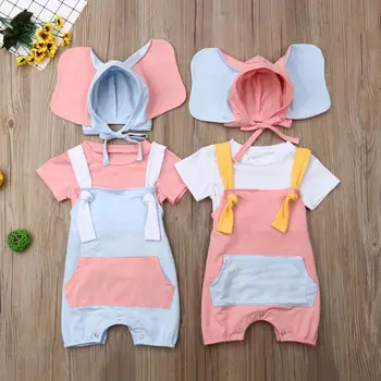 

Pudcoco Lovely Toddler Kids Baby Girls Outfits Clothes T-shirt Tops + Short Bib Pants + Elephant Ear Hat 3pcs Set