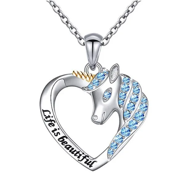 Women's Fashion Necklace Unicorn Pendant Carving Life is Beautiful Letter Chain Eternal Jewelry Best Birthday Anniversary Gift - Окраска металла: Silver