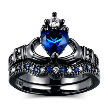 

Sapphire gemstones Claddagh rings sets for women AAA zircon diamonds heart blue crystal black jewelry bijoux fanshion gifts