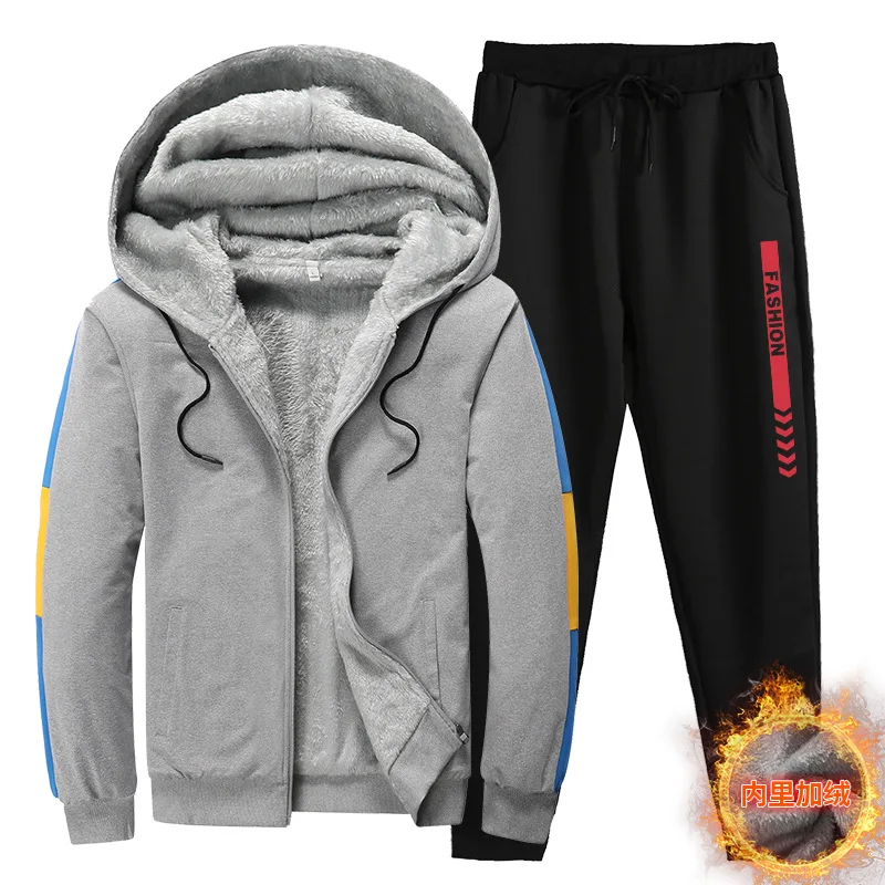 U39 Gray Теплый мужской комплект модный брендовый спортивный костюм с подкладкой из плотного бархата толстовка брюки спортивный костюм мужской зимний костюм флисовые брюки - Цвет: U39 Gray