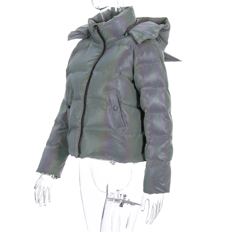Dulzura Радуга Светоотражающая отражающий капюшоном теплая куртка зимнее зима женское куртка с хлопковой подкладкой милое дьявол ухо вечерние верхняя одежда повседневное кроп Топ