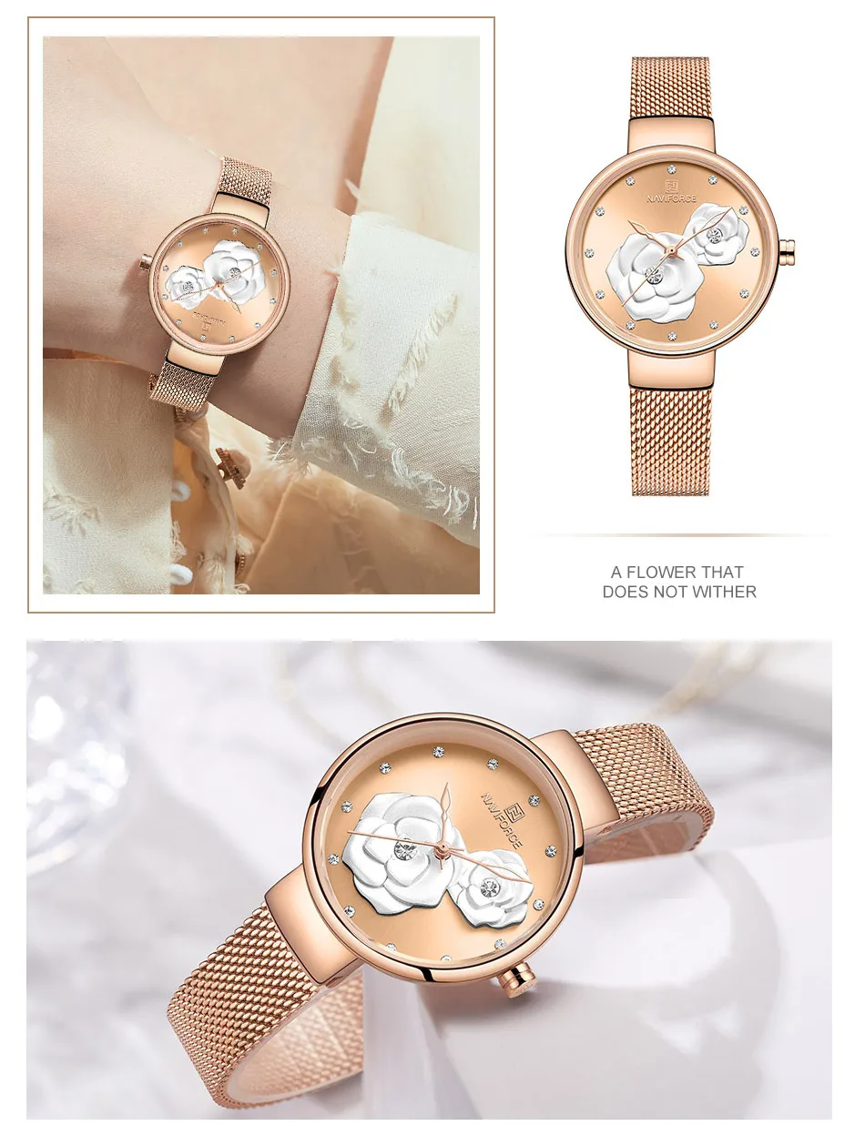 NAVIFORCE, новые часы для женщин, Топ бренд, роскошные красивые дизайнерские часы, Дамская мода, стальные сетчатые кварцевые наручные часы для девушек