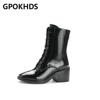 

GPOKHDS 2021 women Ankle boots Cow leather lace up winter short plush Round toe high heels female boots size 39