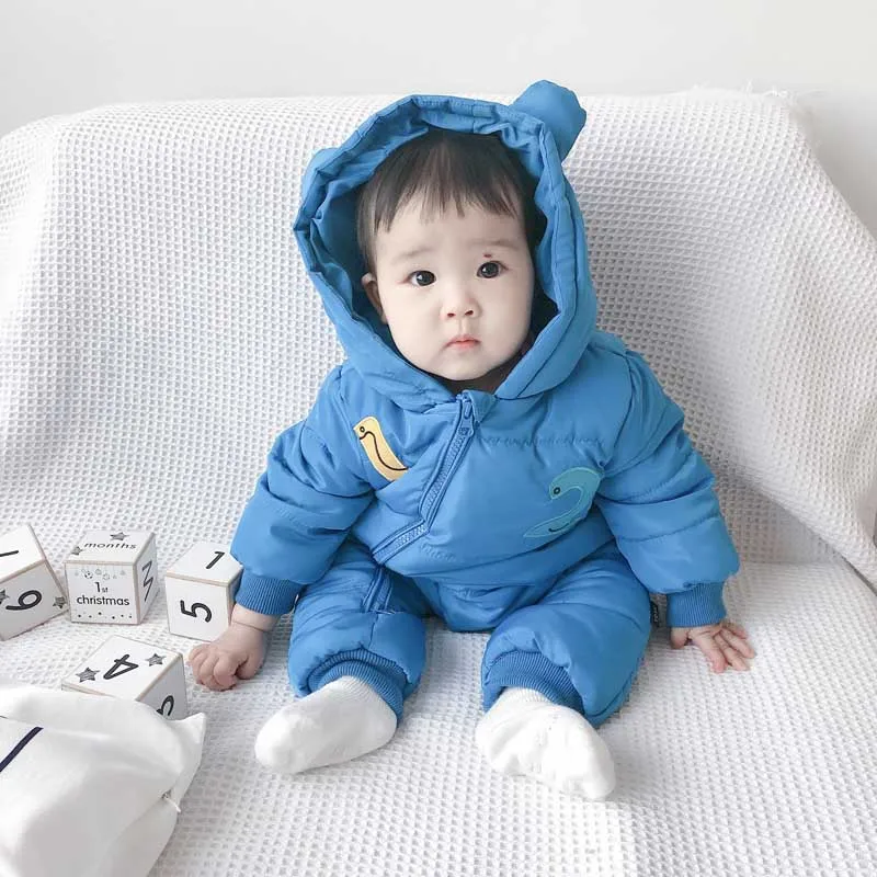 Thick Infant One-Pieces Romper for Boy Girls Hooded Outdoor Jumpsuit Soft Autumn Winter Baby Thicken Warm Clothes Rompers - Цвет: blue