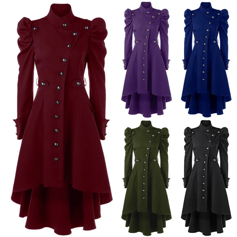 Oeak, женский зимний длинный средневековый Тренч, черный воротник-стойка, готическое пальто, женская винтажная верхняя одежда на пуговицах, туника, элегантное пальто