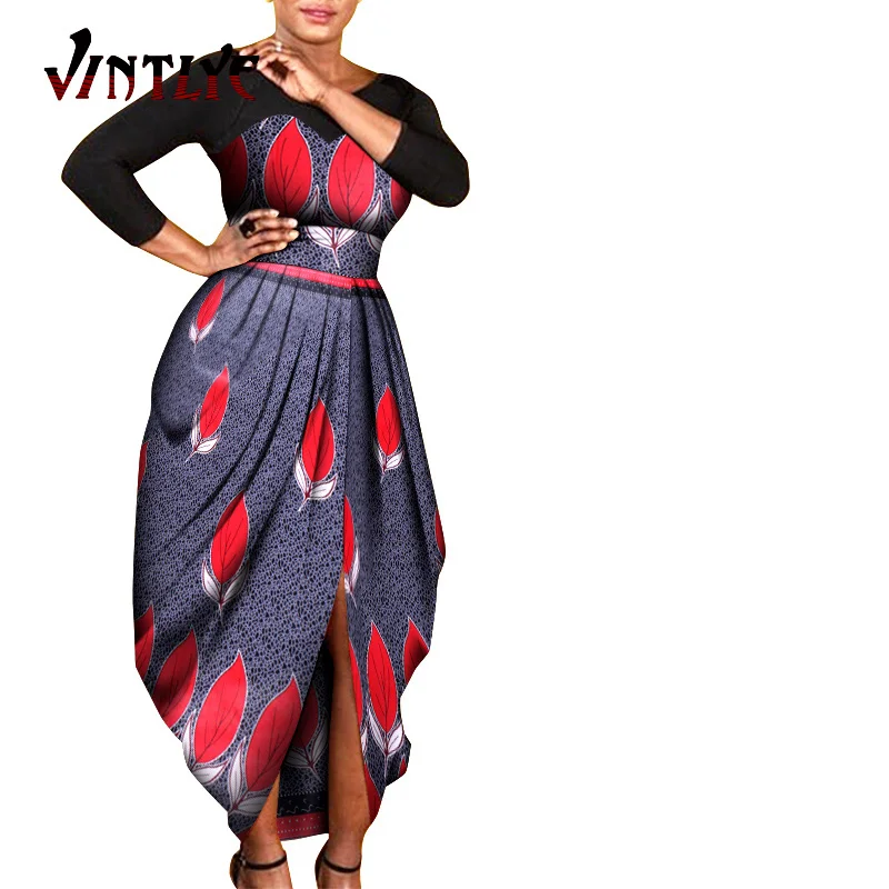 Summer African Dresses For Women Plus Size Kente Style Dashiki Abaya Printed Lady Loose Pleated Skirted Dresses Robe Wax W589