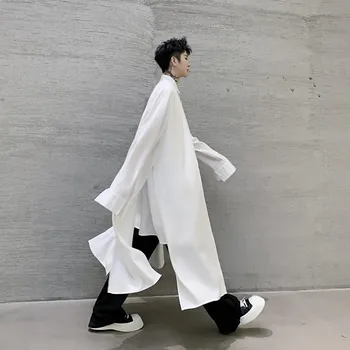 

Men 2 Pieces Splice Casual Long Sleeve Shirts Male Streetwear Long Style Fashion Loose Dress Shirts Black White