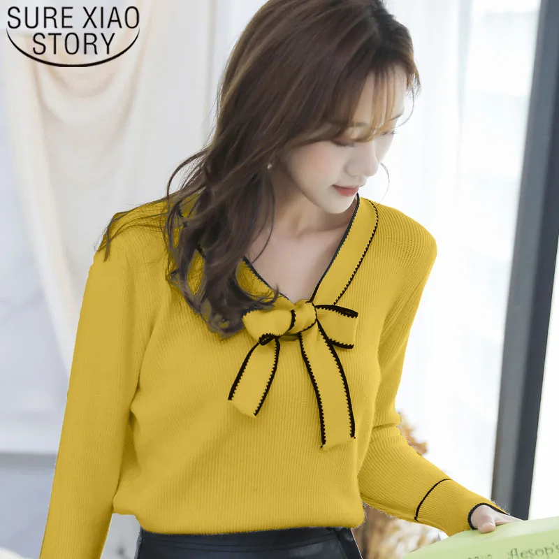 

2019 Autumn Winter Fashion Women Sweaters Long Sleeve V-neck Knitted Sweaters Casual Bow Solid Sweaters Women 6335 50